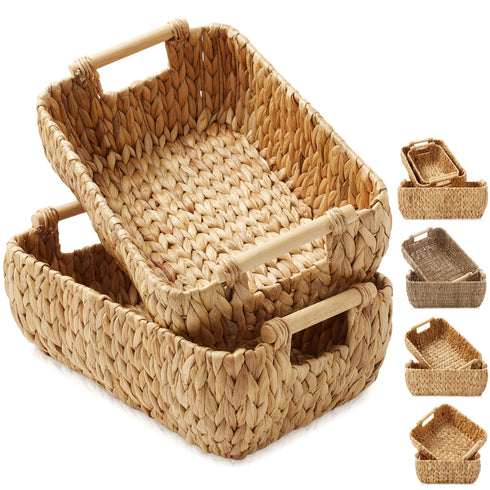 Oval Storage Basket Sets with Wooden Handles, Water Hyacinth or Seagrass